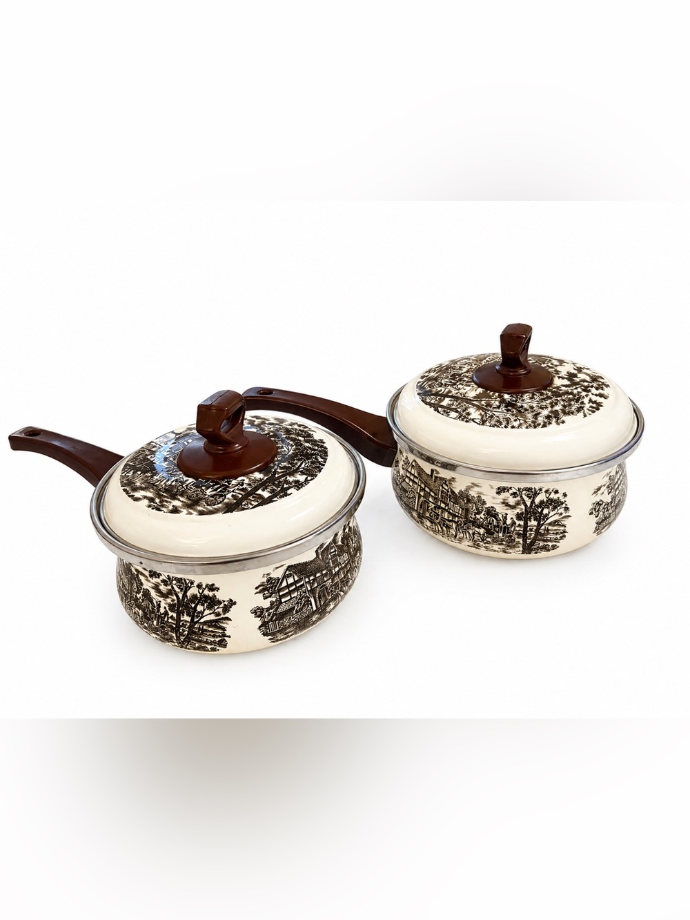 RARE Vintage Myott Royal Mail Enamel Saucepan Set Brown Staffordshire Coaching
